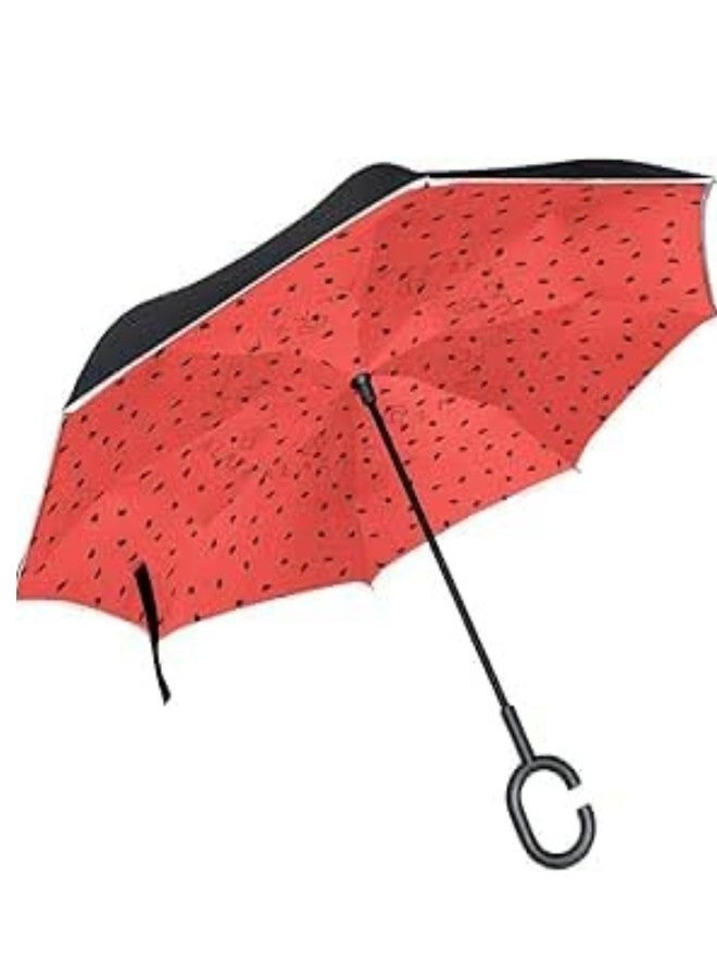 أبسايد دون مظلة Upside Down® للنساء، مقاومة للرياح، ذات طبقتين، قابلة للطي، توفر الحماية من المطر - أحمر وأسود - Image 1